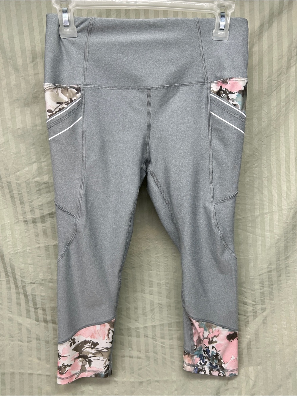 Reebok Light Gray Capri Leggings with Pink Camo Hem